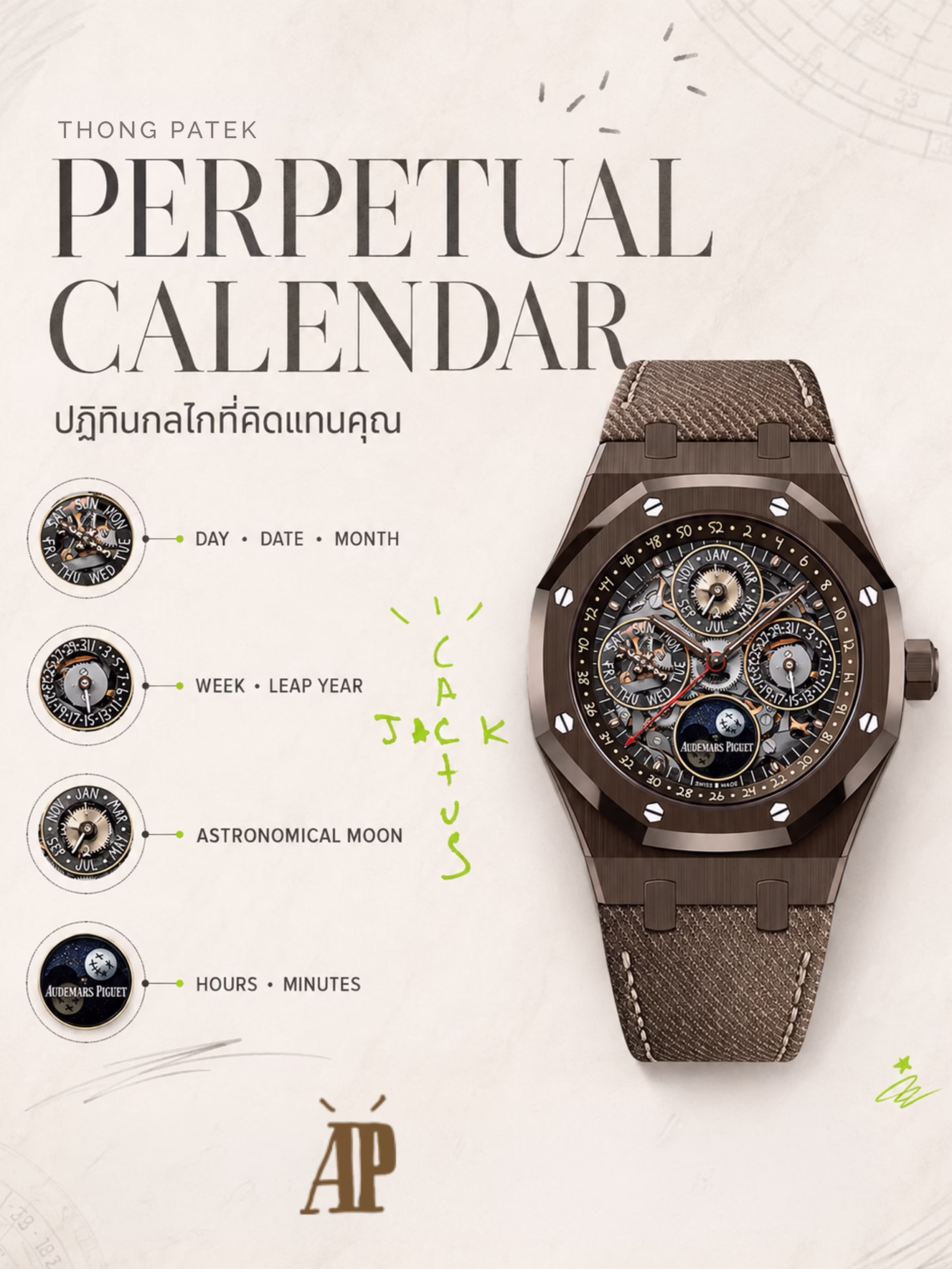 ความรู้เกี่ยวกับ AP Cactus Jack AP Royal Oak 26585CM.OO.D301VE.01 Cactus Jack Travis THONG PATEK