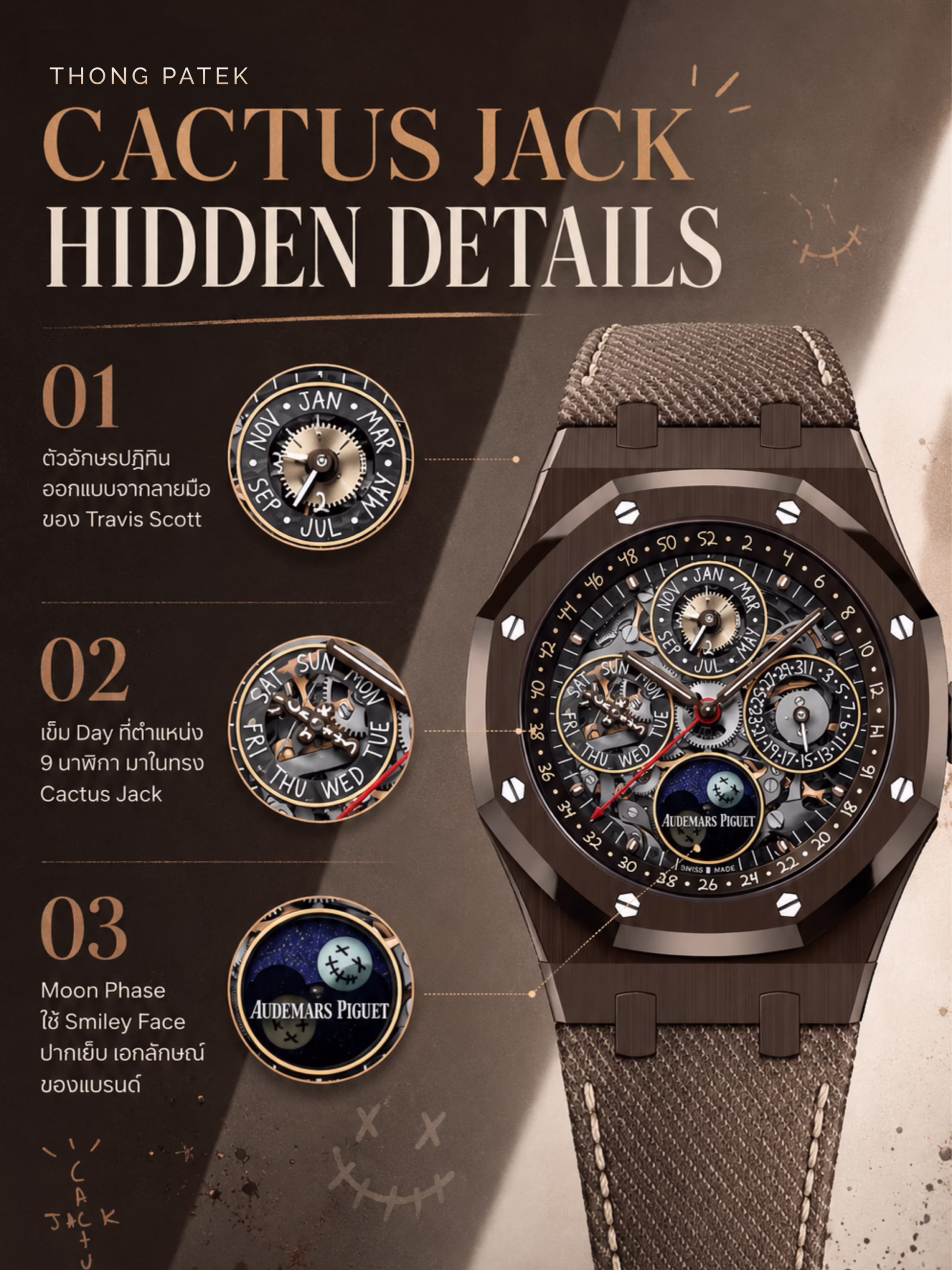 ความรู้เกี่ยวกับ AP Cactus Jack AP Royal Oak 26585CM.OO.D301VE.01 Cactus Jack Travis THONG PATEK